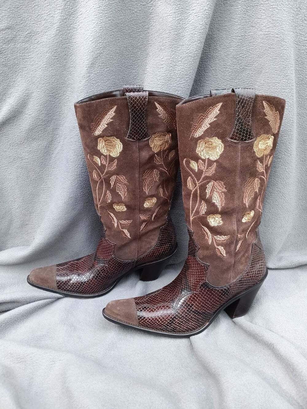 Antonio Melani Justine Leather Brown Boot Floral Embroidery Snake Heel 9M Brazil - Picture 4 of 9